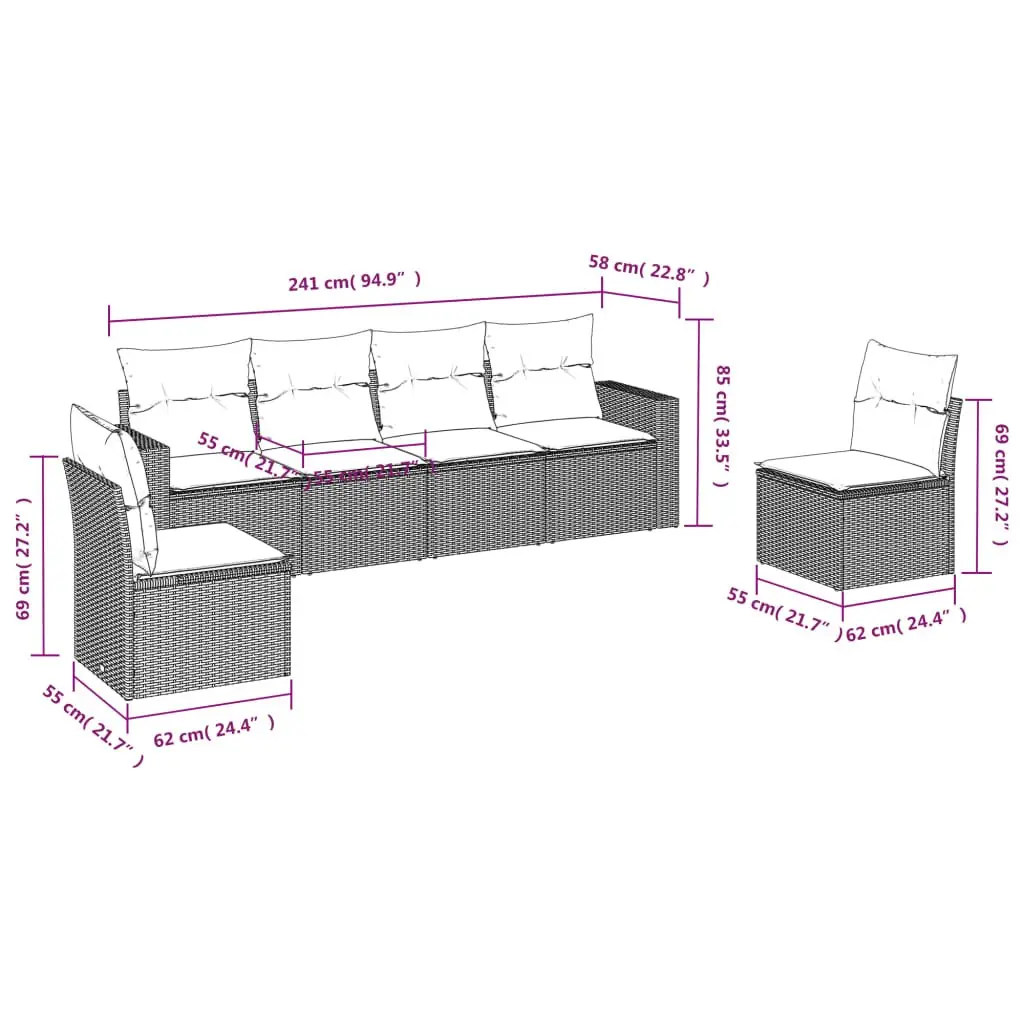 Garden Sofa Set PE Rattan 6 Piece Modular Outdoor Furniture with Cushions Grey