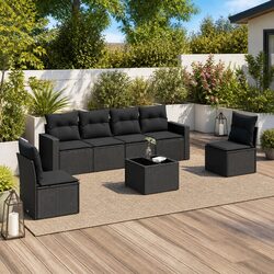 High-Quality 7 Piece Black Garden Sofa Set with Cushions
