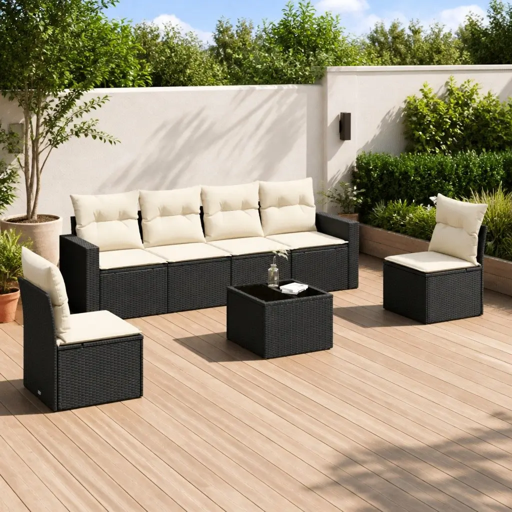 7 Piece Black Rattan Garden Sofa Set with Table