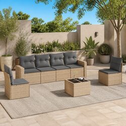 7 Piece Beige Poly Rattan Garden Sofa Set with Cushions