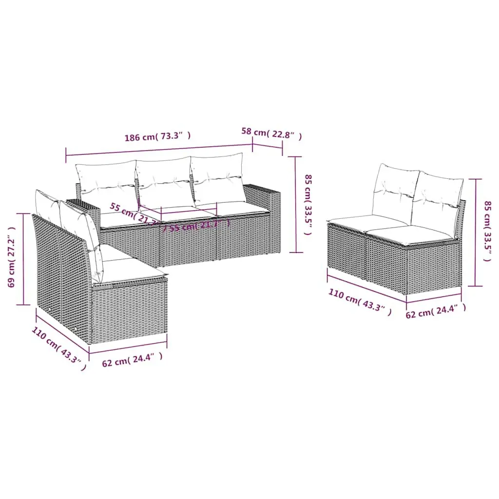 7 Piece Modular Garden Sofa Set in Black
