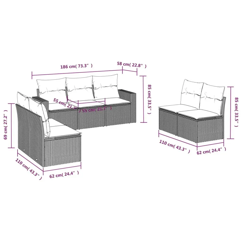 Beige 7 Piece Modular Garden Sofa Set with Cushions