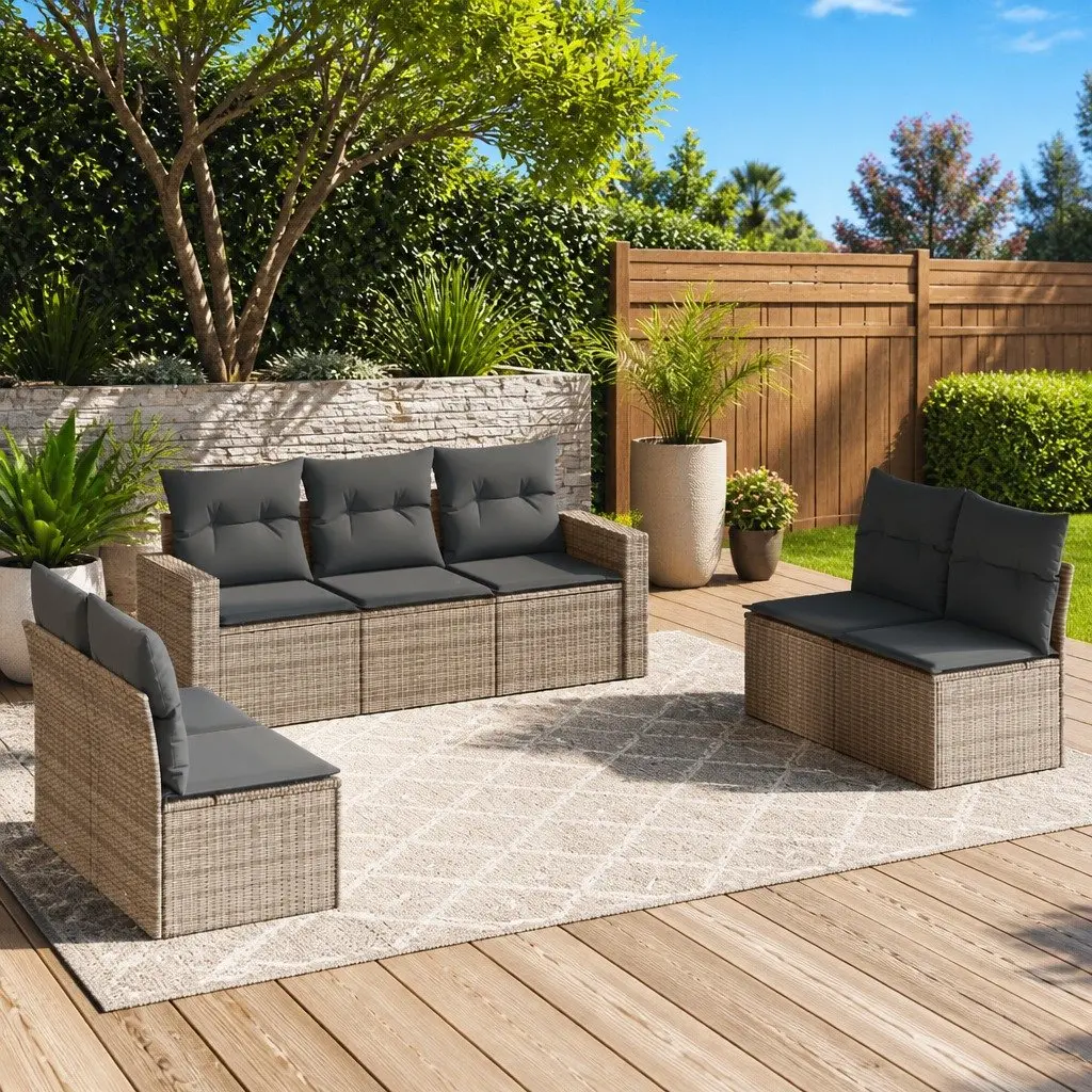 Garden Sofa Set PE Rattan 7 Piece Outdoor Furniture Modular Sectional with Cushions Grey