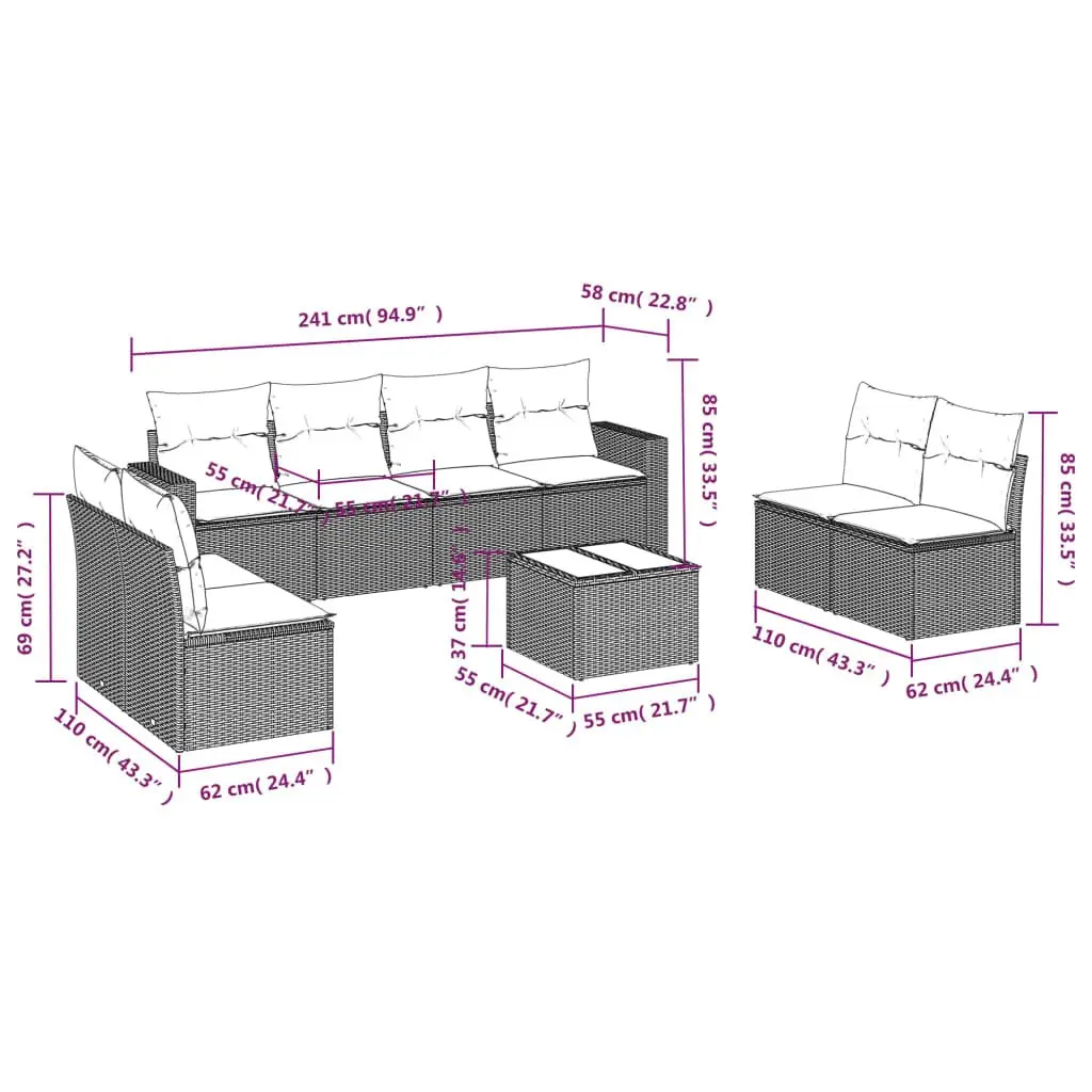 Garden Sofa Set PE Rattan 9 Piece Outdoor Furniture with Cushions Black