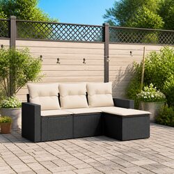 4-Piece Black Poly Rattan Outdoor Sofa Set with Cushions