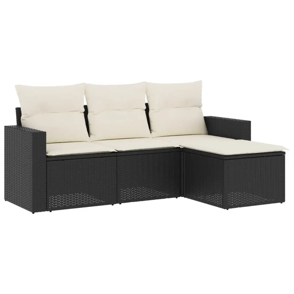 4-Piece Black Poly Rattan Outdoor Sofa Set with Cushions