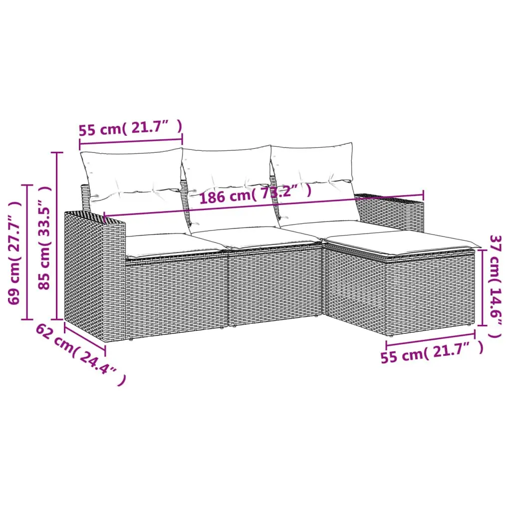 4-Piece Black Poly Rattan Outdoor Sofa Set with Cushions
