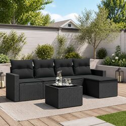 Premium Black Poly Rattan 6 Piece Garden Sofa Set