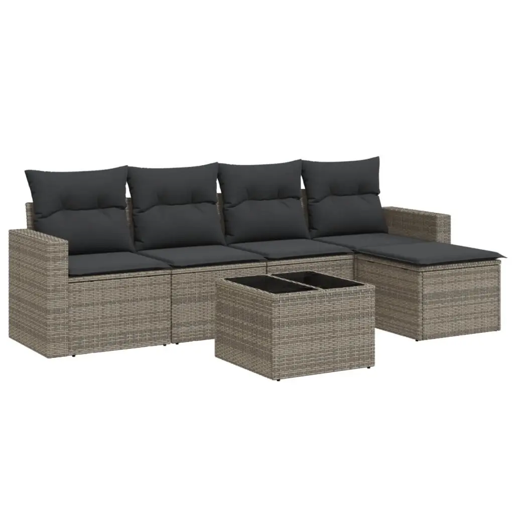 Garden Sofa Set PE Rattan 6 Piece Grey Outdoor Furniture Patio Seating with Cushions