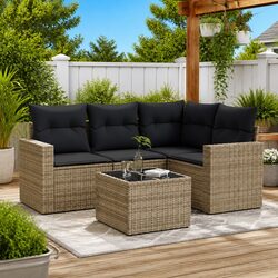 5-Piece Outdoor Grey Poly Rattan Sofa Set