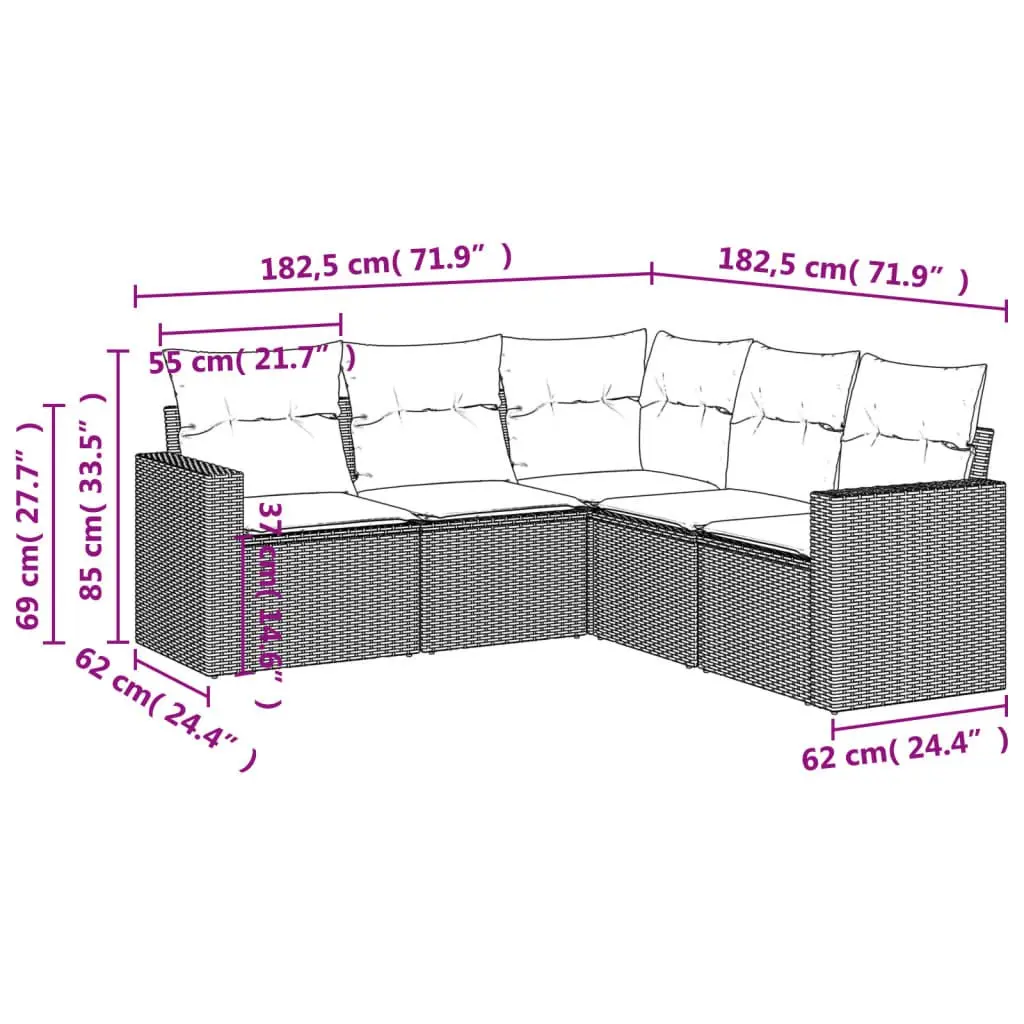 5 Piece Garden Sofa Set PE Rattan Grey Outdoor Patio Furniture
