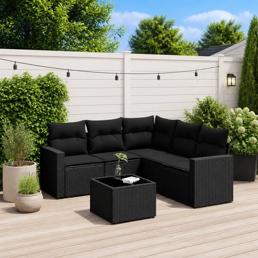 6 Piece Garden Sofa Set PE Rattan Black with Cushions