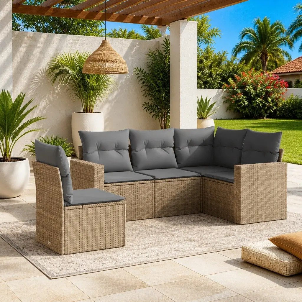 Beige Poly Rattan 5-Piece Garden Sofa Set with Cushions