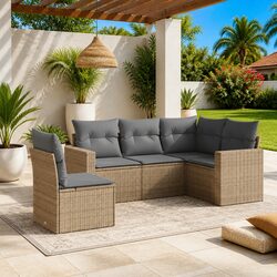 Beige Poly Rattan 5-Piece Garden Sofa Set with Cushions