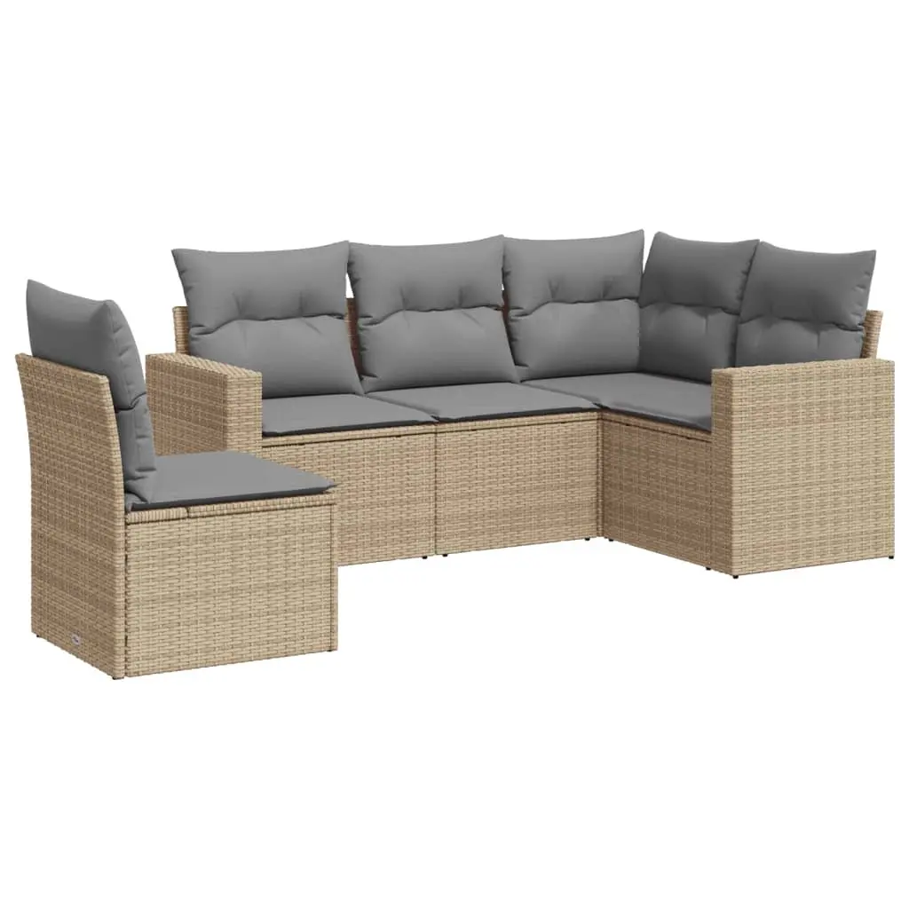 Beige Poly Rattan 5-Piece Garden Sofa Set with Cushions