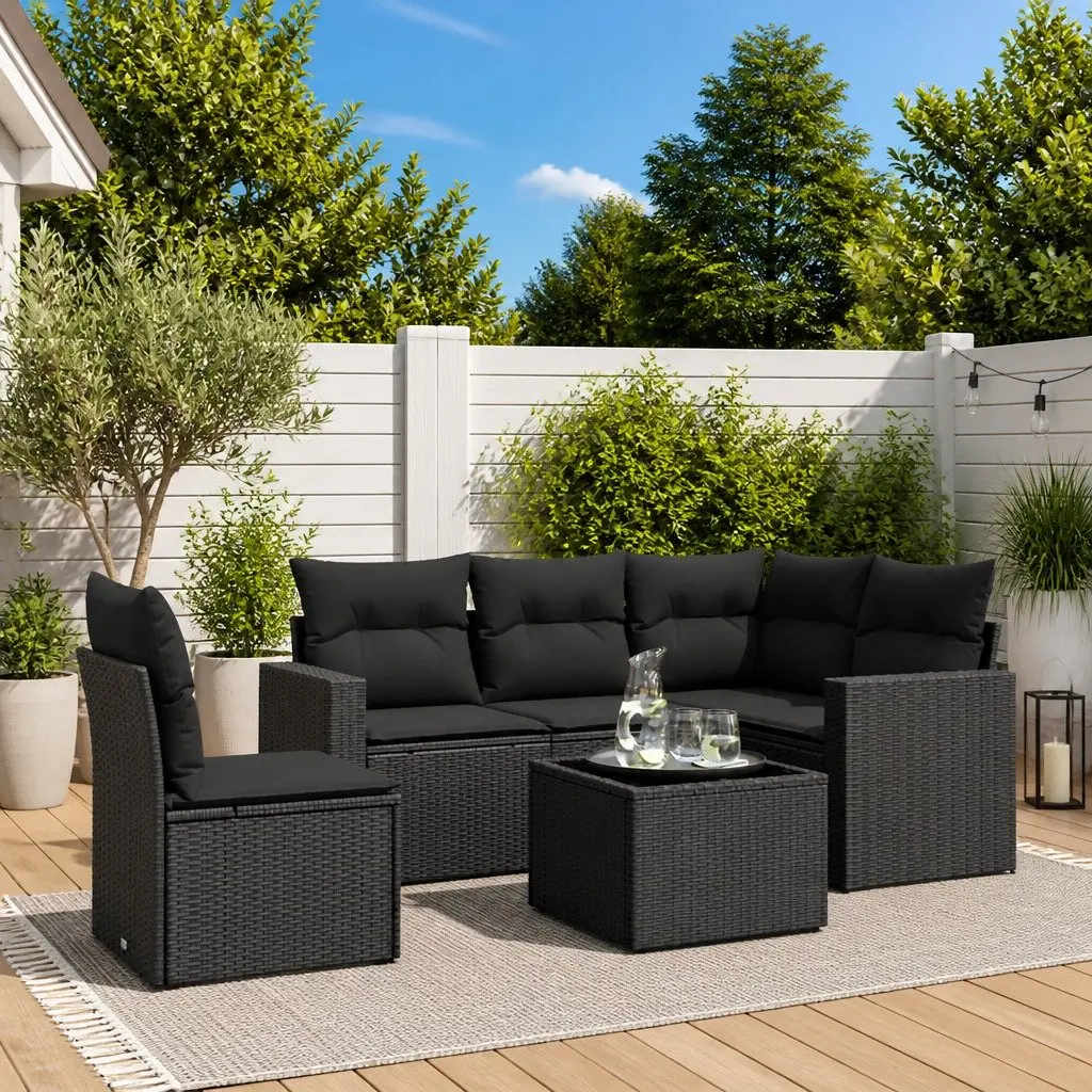 6 Piece Black Poly Rattan Garden Sofa Set