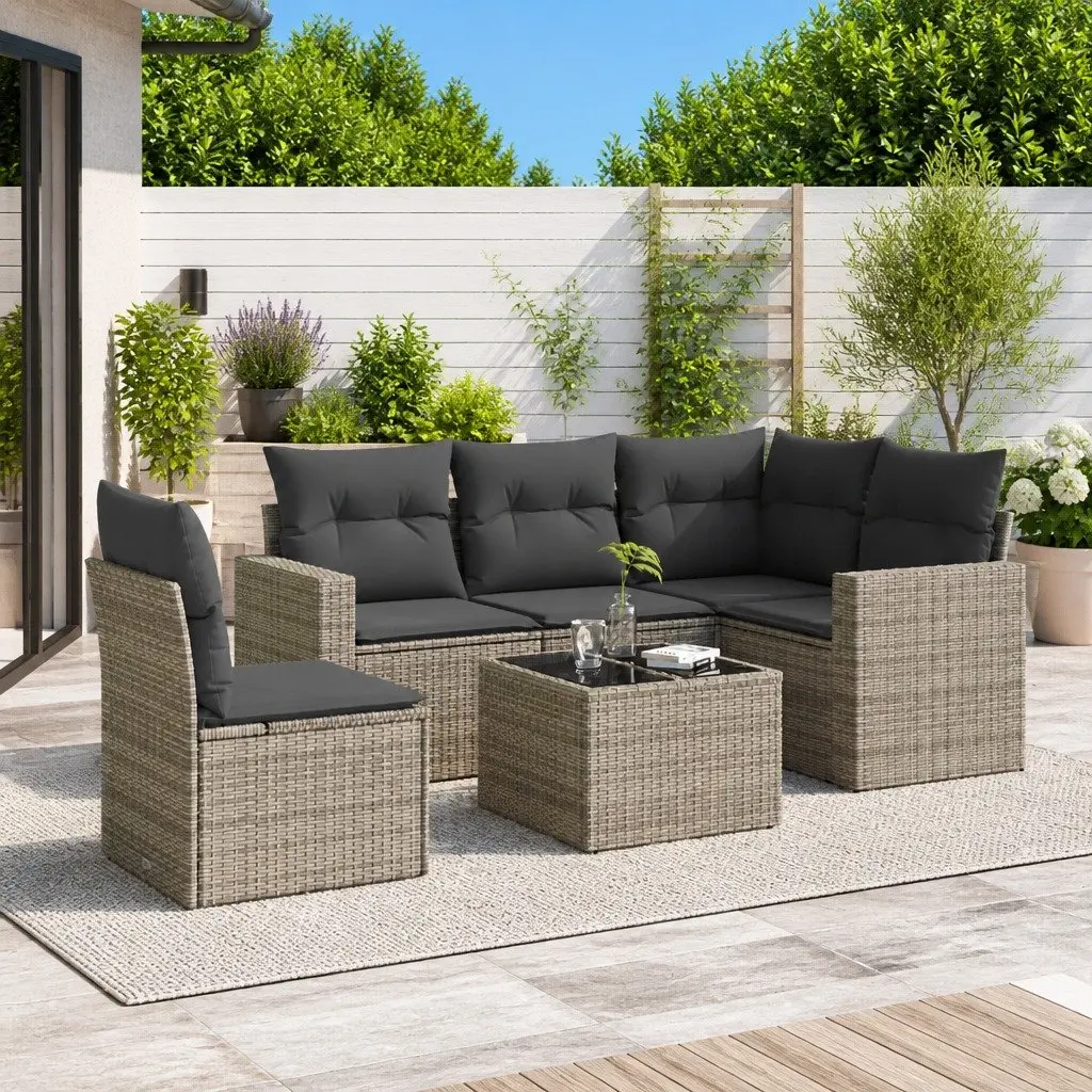 6-Piece Outdoor Grey Poly Rattan Garden Sofa Set