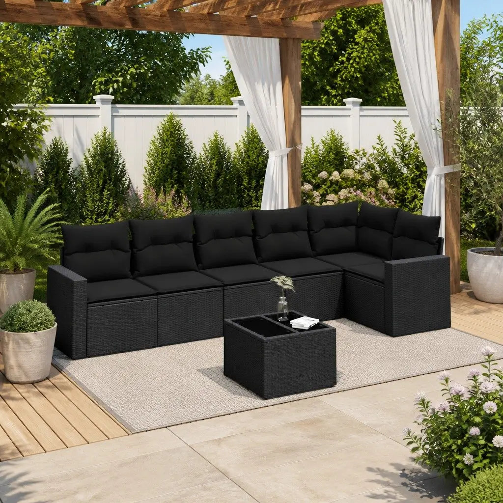 7 Piece Black Poly Rattan Garden Sofa Set