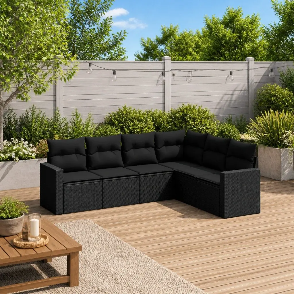 6 Piece Garden Sofa Set PE Rattan Black Outdoor Furniture with Cushions