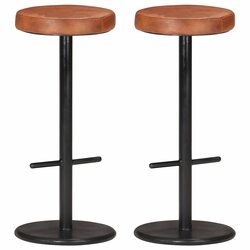 Brown Real Leather Bar Stools 2 pcs with Footrest