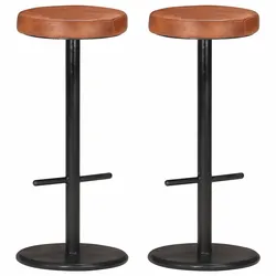 Brown Real Leather Bar Stools 2 pcs with Footrest