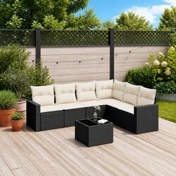 Premium 7 Piece Garden Sofa Set with Cushions in Black Rattan