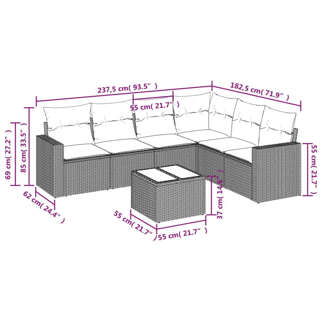7 Piece Garden Sofa Set PE Rattan Black with Cushions