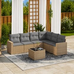Beige Rattan 7 Piece Modular Garden Sofa Set with Cushions