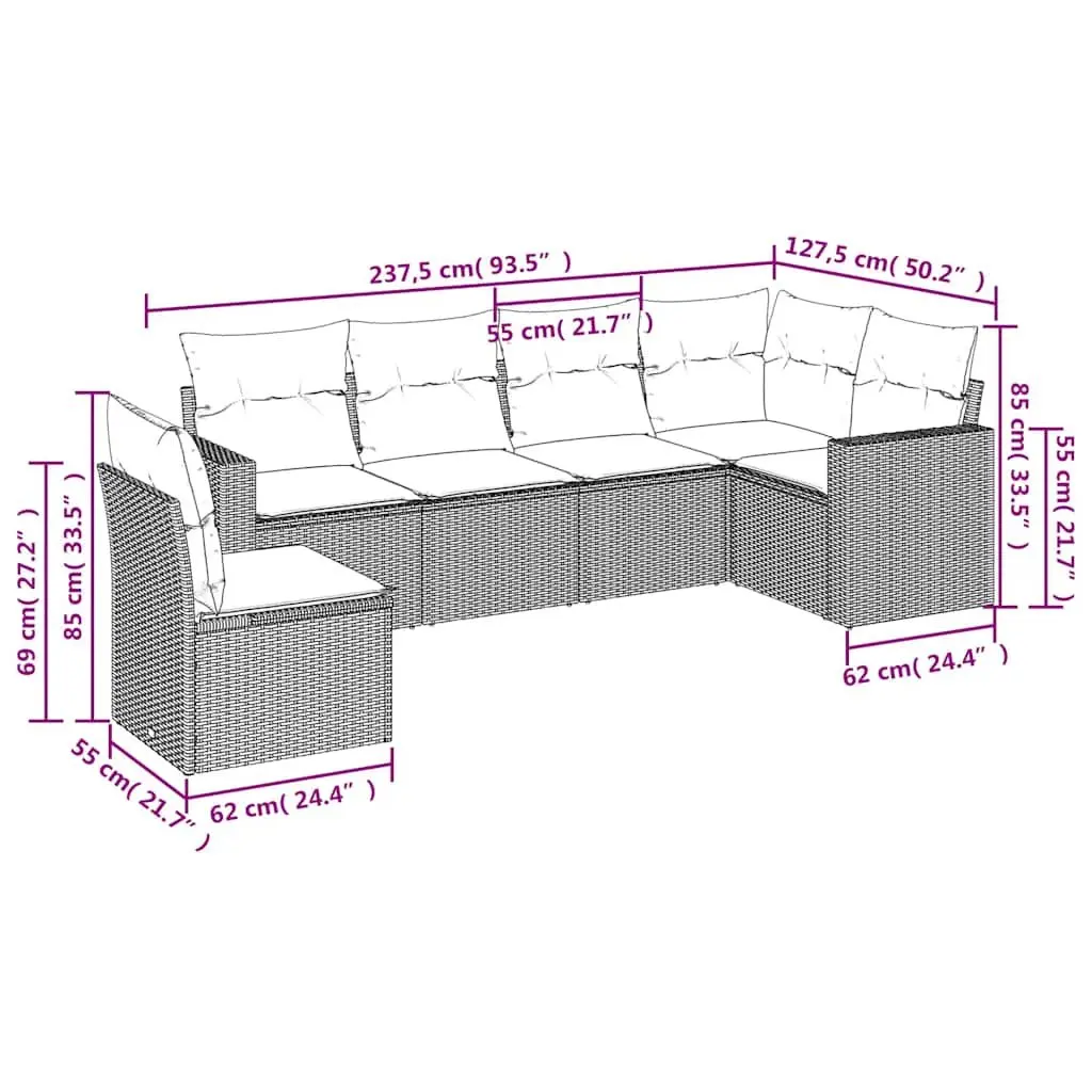 Garden Sofa Set PE Rattan 6 Piece Outdoor Furniture Black Modular Patio