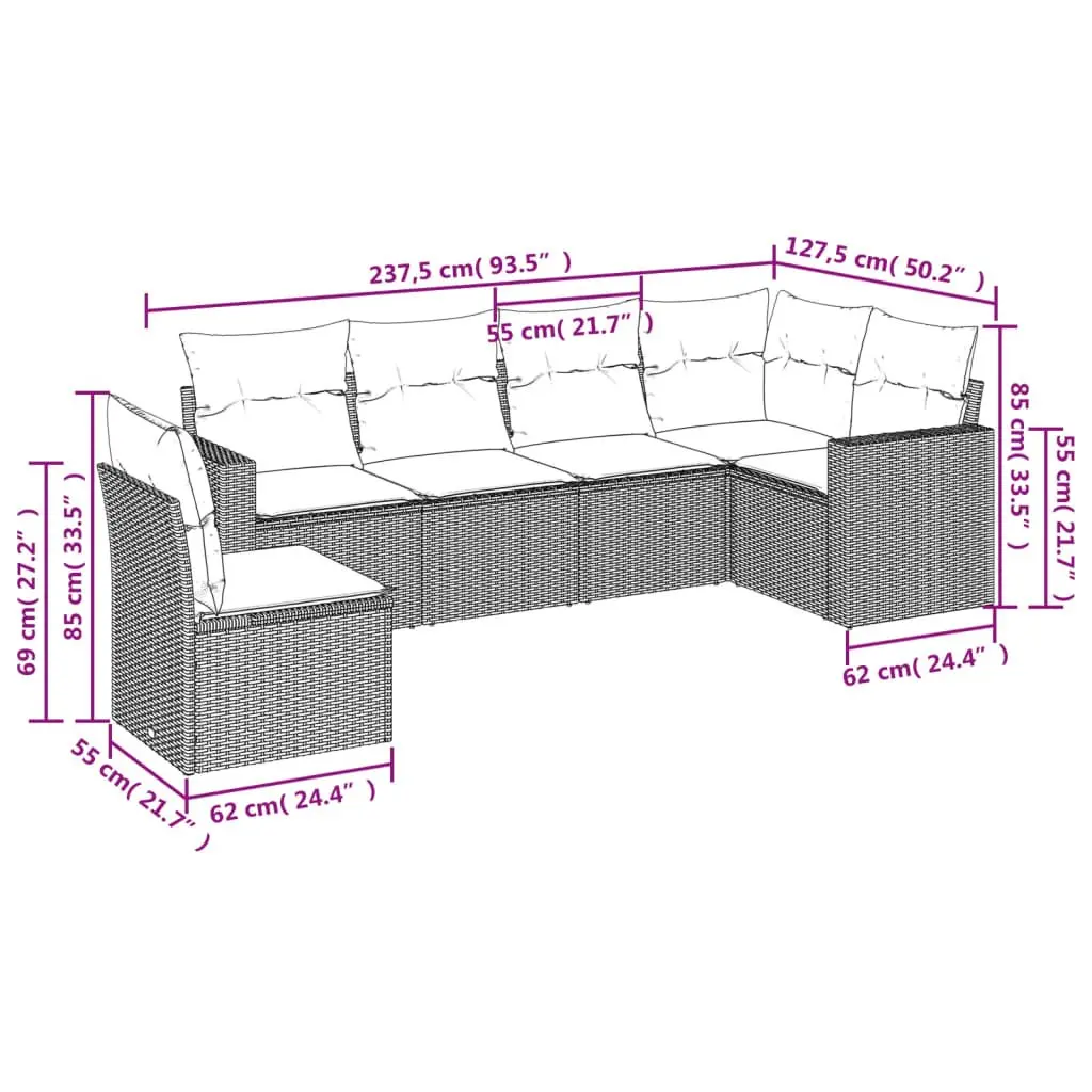 6 Piece Garden Sofa Set PE Rattan Black Outdoor Patio Furniture with Cushions
