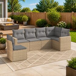 Beige Poly Rattan 6 Piece Outdoor Garden Sofa Set with Cushions