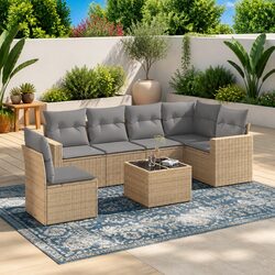 Sturdy 7 Piece Outdoor Sofa Set with Cushions in Beige