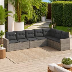 7 Piece Grey Poly Rattan Garden Sofa Set with Cushions