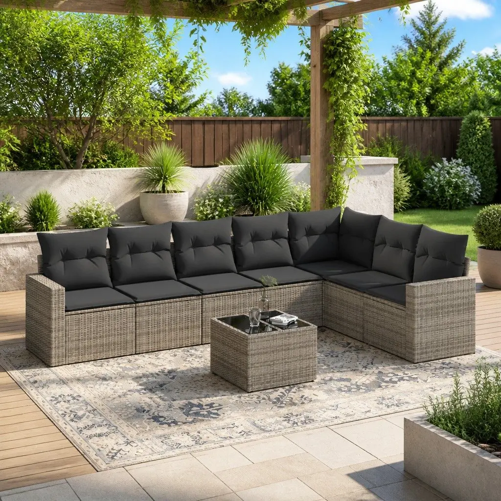 8 Piece Garden Sofa Set PE Rattan Grey with Cushions