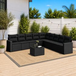10-Piece Black Garden Sofa Set with Cushions