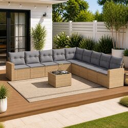 Beige Modular 10-Piece Garden Sofa Set with Cushions