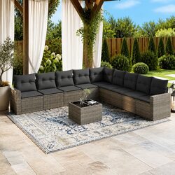 10-Piece Grey Poly Rattan Garden Sofa Set with Cushions