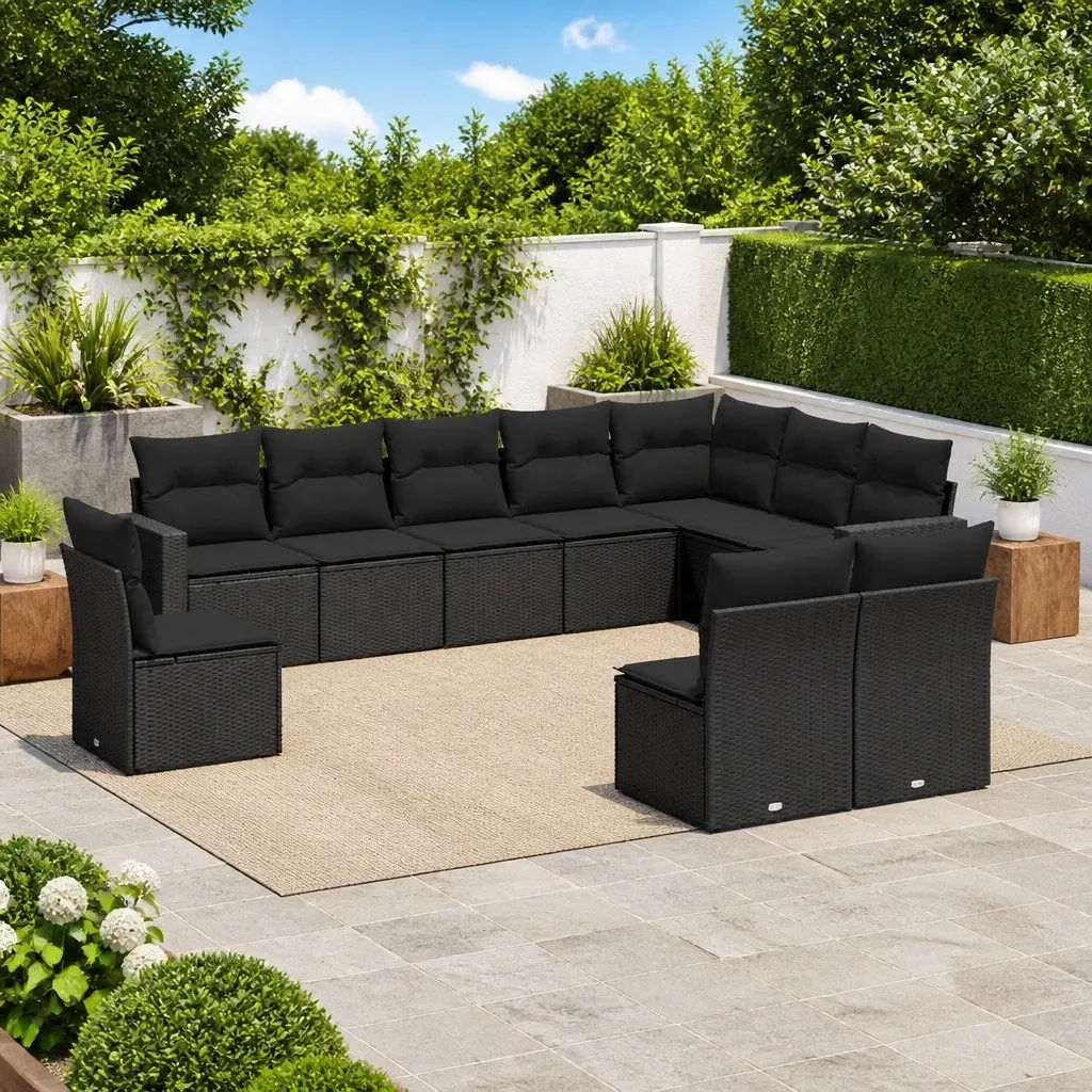 10 Piece Garden Sofa Set PE Rattan Black Modular Outdoor Furniture with Cushions