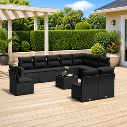 11 Piece Black Outdoor Garden Sofa Set Poly Rattan
