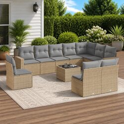 Premium 11 Piece Beige Rattan Outdoor Sofa Set with Cushions