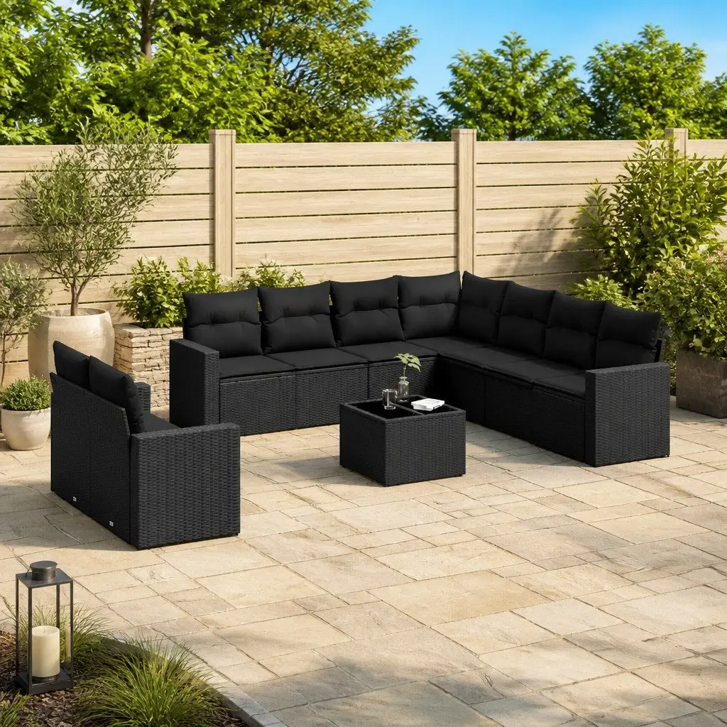 10 Piece Black Poly Rattan Garden Sofa Set
