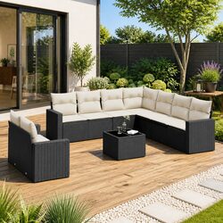 10-Piece Black Poly Rattan Modular Garden Sofa Set