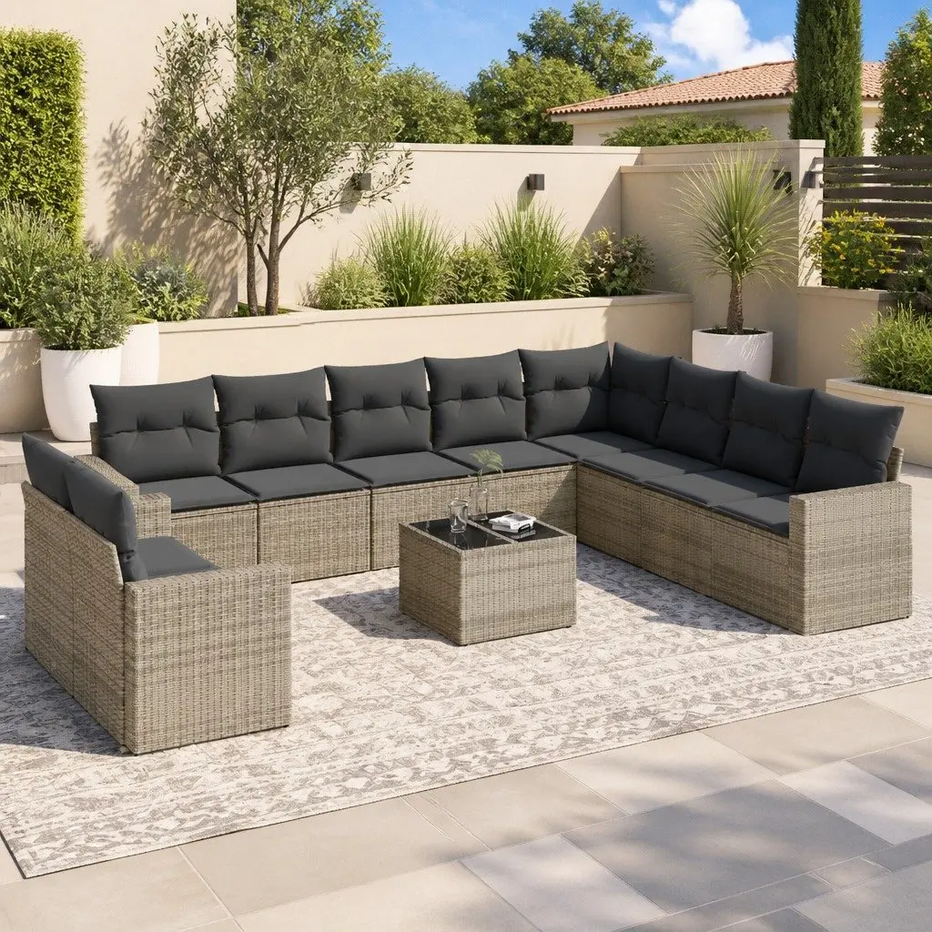 Garden Sofa Set PE Rattan 11 Piece Outdoor Furniture Grey with Cushions