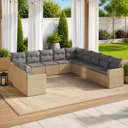 11-Piece Beige Poly Rattan Garden Sofa Set for Outdoors