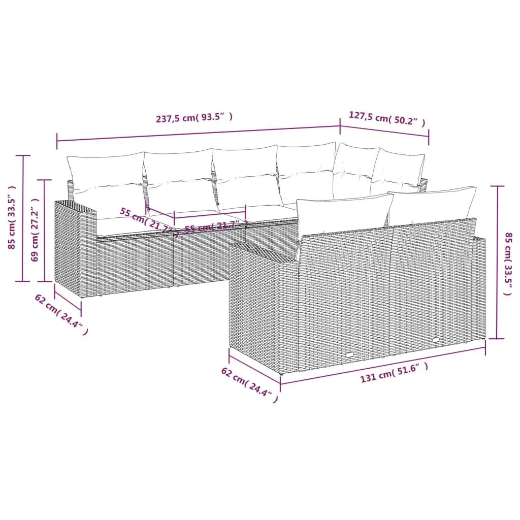 7 Piece Garden Sofa Set PE Rattan Modular Outdoor Furniture Grey with Cushions