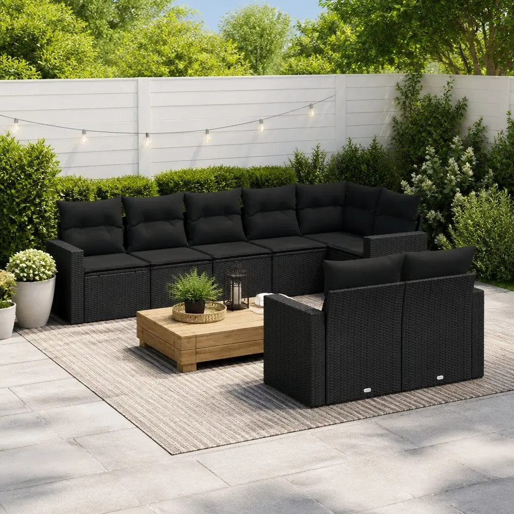 Garden Sofa Set PE Rattan 8 Piece Outdoor Furniture Black Patio Lounge Suite