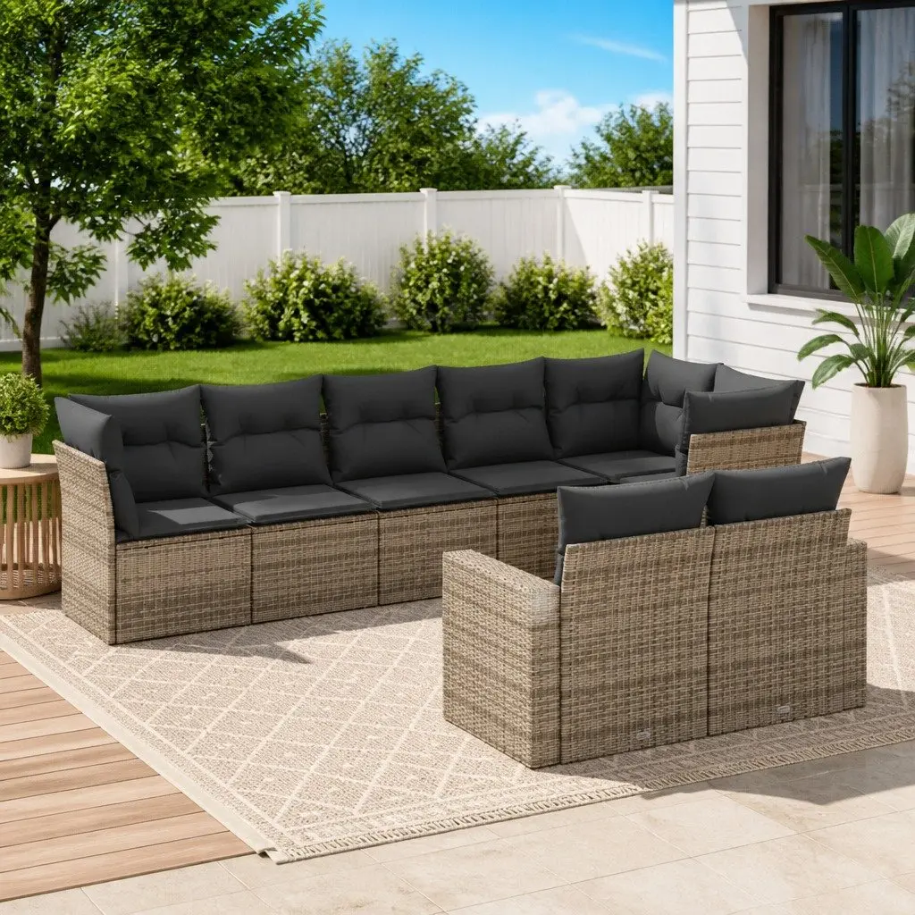 8-Piece Modular Grey Poly Rattan Garden Sofa Set