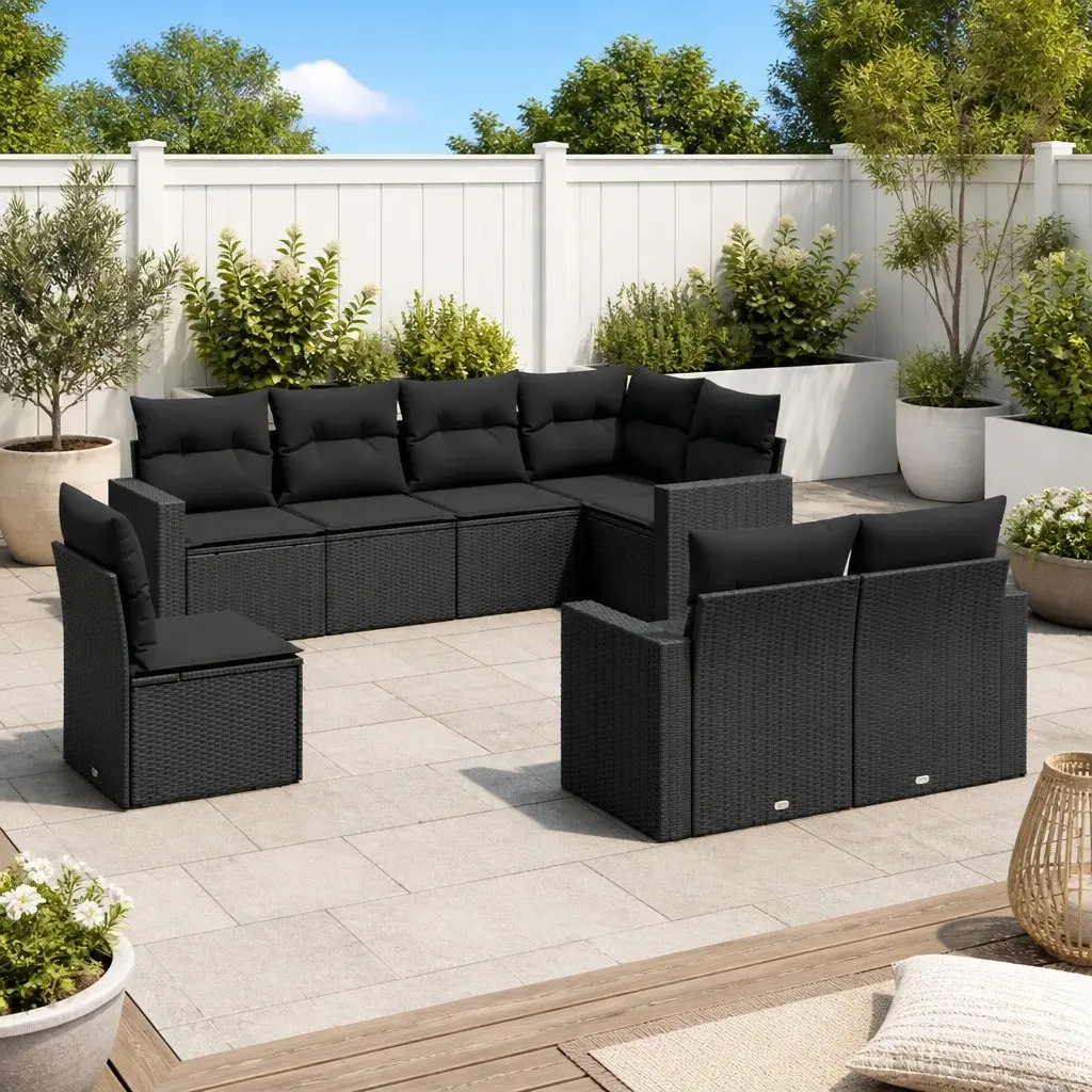 Garden Sofa Set PE Rattan 8 Piece Outdoor Furniture Patio Sectional with Cushions Black