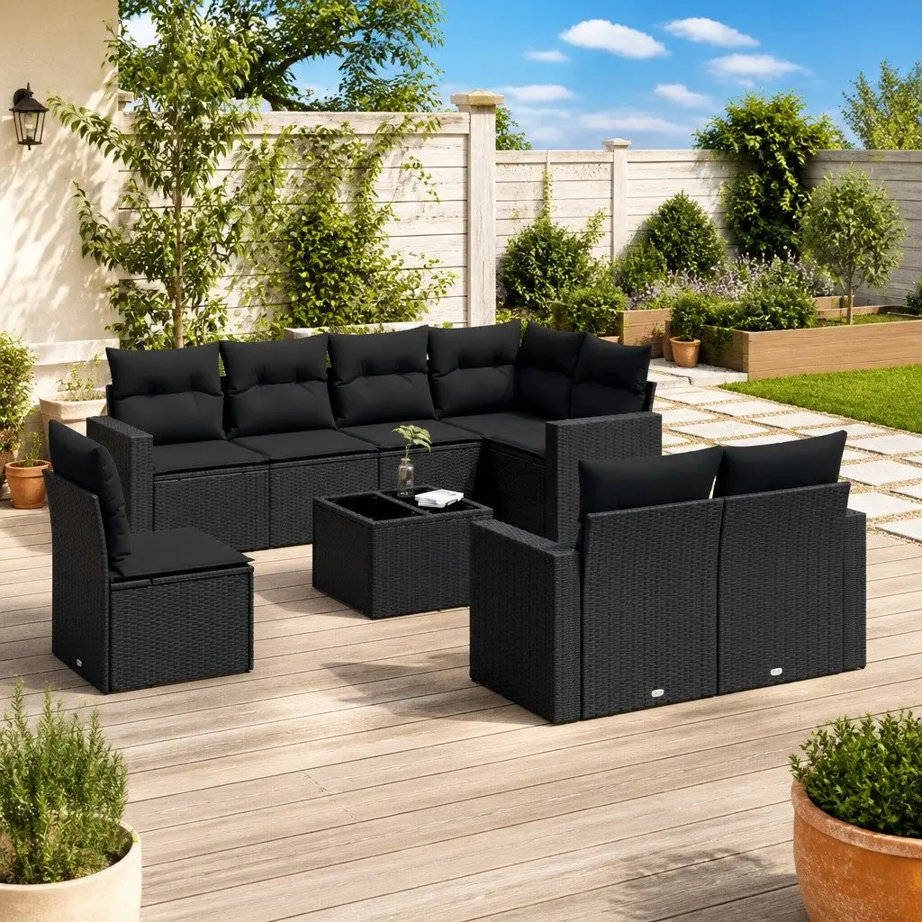 9-Piece Black Poly Rattan Garden Sofa Set