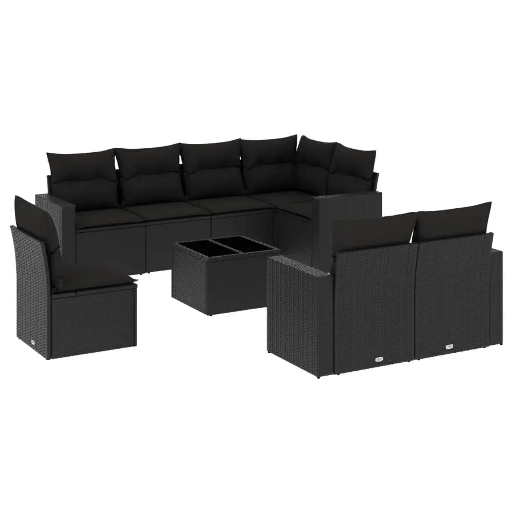 9-Piece Black Poly Rattan Garden Sofa Set
